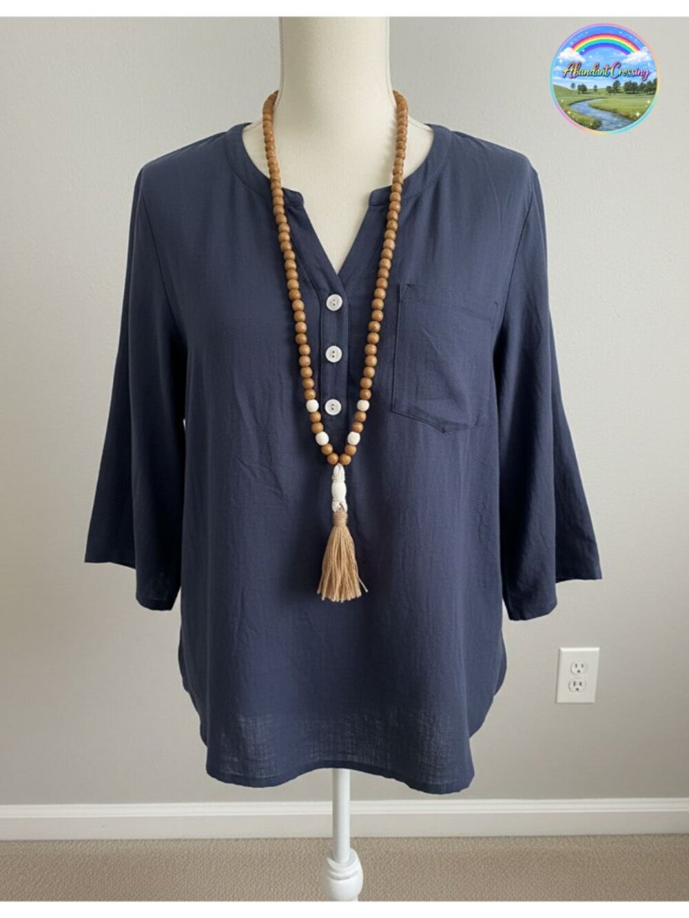 LOMON 3/4 Sleeve Cotton Linen Top V Neck Loose Fit Casual Blouse